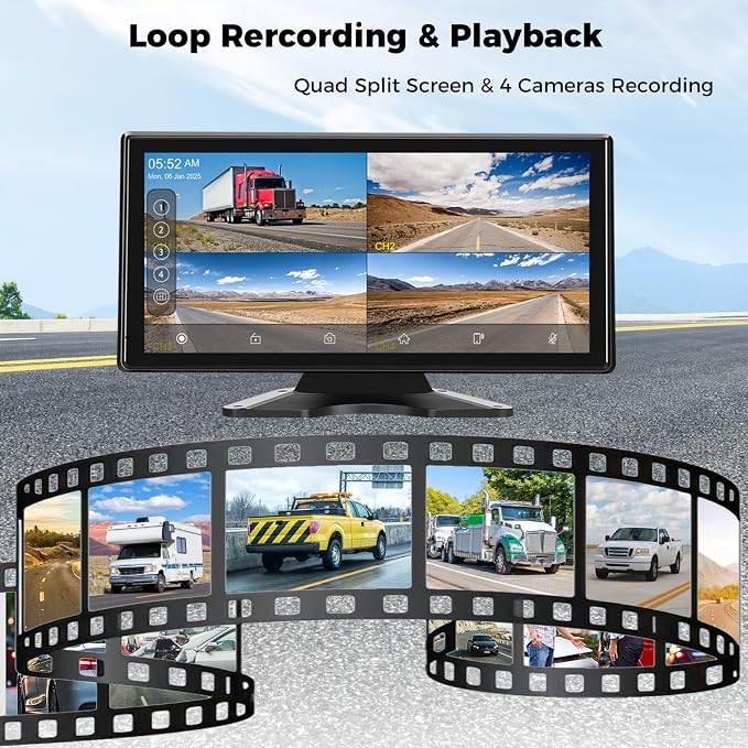 Truck RV Camera System with CarPlay & Android Auto,10.36'' Touch Screen with Recording & Voice Control & Navigation, 4 HD1080P IR Wired Rearview Backup Camera for Semi Trucks, RVs, Trailers