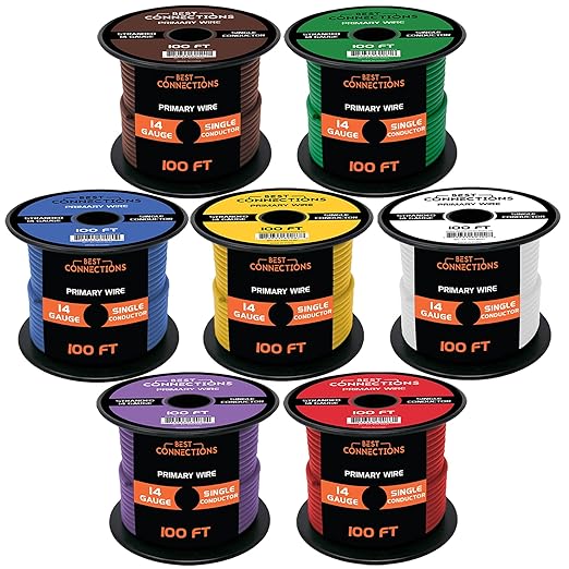 BEST CONNECTIONS 14 Gauge Automotive Primary Wire (100ft Each – 7 Color Bundle Set)– Durable Primary/Remote, Power/Ground Electrical Wire for Trailer, Car Audio, Lighting Circuits – 700ft Total