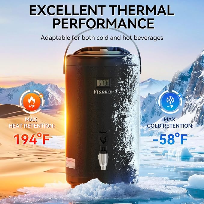 Commercial Insulated Beverage Dispenser with Stand, 2 Gallon Stainless Steel Hot & Cold Drink Dispenser with Temperature Display, Spigot for Tea and Coffee(Black)