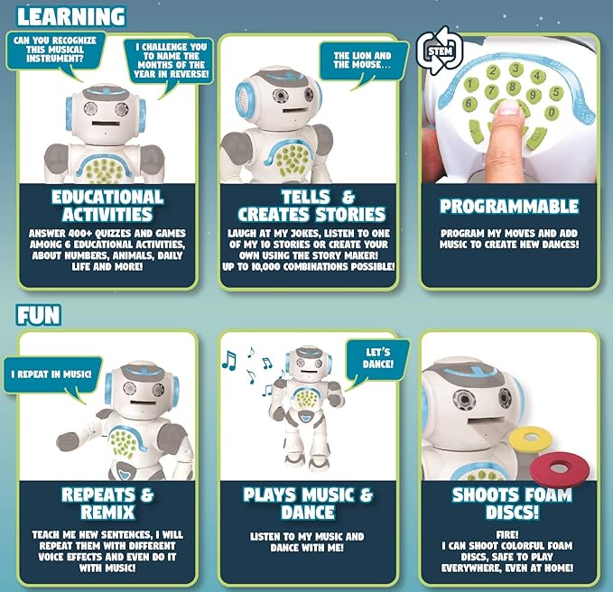 LEXiBOOK Powerman Max, Remote Control Walking Talking Toy Robot STEM Programmable, Dances, Sings, Tells 10,000 Stories, 300+ Learning Quiz, Shooting Discs and Voice Repeat for Kids 4+ ROB80US
