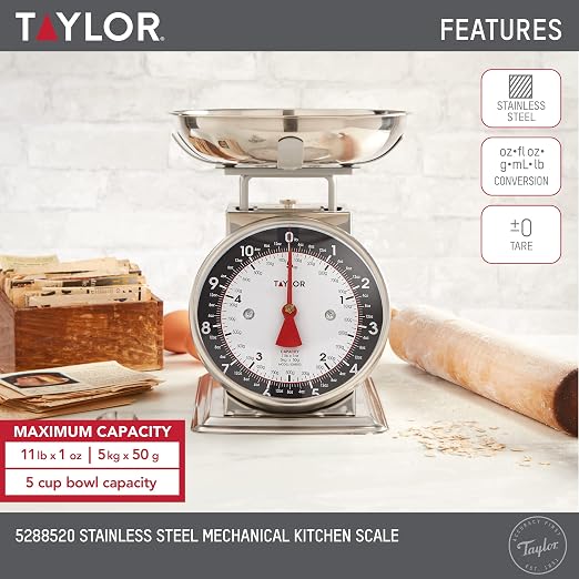 Taylor Mechanical Kitchen Food Scale with Bowl, Weighs Up to 11lbs, Measures in Grams and Ounces, Analog Cooking Scale for Baking, Black and Silver (Pack of 2)