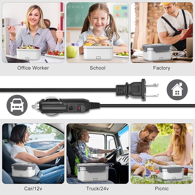Herrfilk Electric Lunch Box Food Heater 100W, 4 in 1 Ultra Quick Heated Lunch Boxes for Adults 12V/24V/110V/220V Portable Food Warmer for Car/Truck/Office With Fork Spoon and Insulated Carry Bag