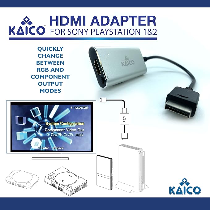 Kaico PS1 HDMI / PS2 AV Cable Compatible with Sony PlayStation & PS2 Models - Switch Between RGB & Component - PS1 & PS2 to HDMI Converter for Any HD TV | Supports RGB and YPbPr component modes for PS1 and PS2 games, with built-in switch, plug-and-play...