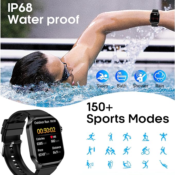 Yowow BIT Smart Watch for Men Women, 2.04" AMOLED Fitness Tracker with Bluetooth Call, Heart Rate SpO2 Blood Pressure HRV Sleep Stress, 150 Sports Modes, IP68 Waterproof for Android iOS (Blue)