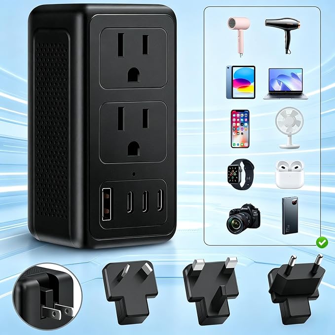 220V to 110V Voltage Converter US to Europe for Hair Dryer, Upgrade 2000W Power Converter for European Travel with Type C A G I, International Universal Travel Adapter with 1 USB A & 3 Type C (Black)