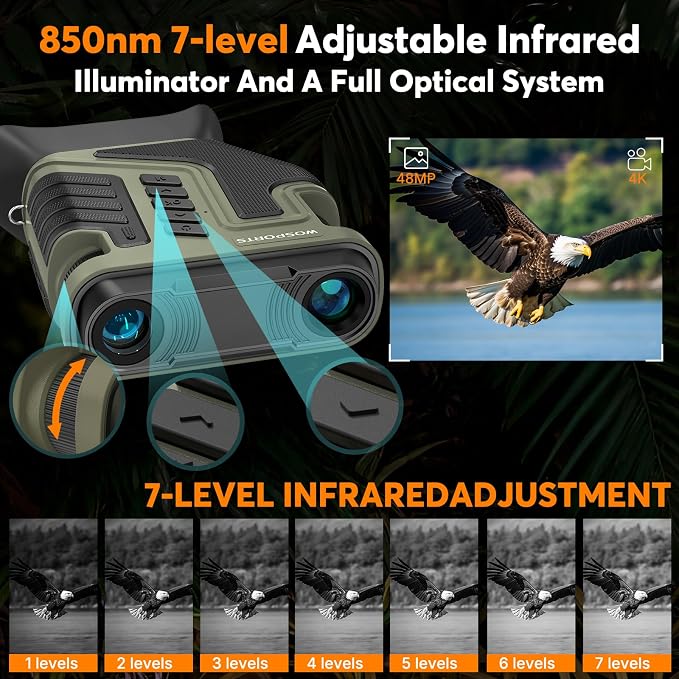 WOSPORTS 4K Night Vision Goggles – up to 80X Total Magnification, 10X Optical + 8X Digital Zoom, 64GB TF Card, 1315FT Vision Range, 5000mAh Rechargeable Battery, IPX Waterproof NVG, Gifts for Men