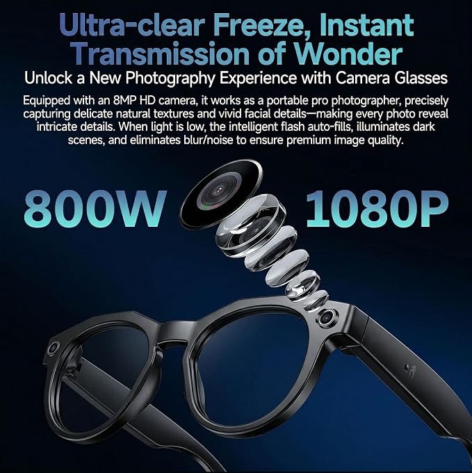 AI Smart Camera Glasses, 1080P HD POV Video Recording and Translator, Object Recognition, Bluetooth Audio for Music Calls, 290mAh Battery, Photochromic Lenses for Vlog, Travel and Work