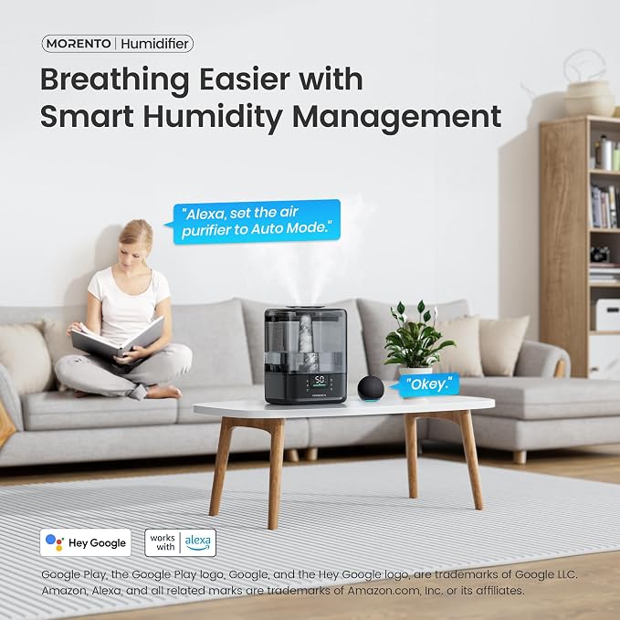 MERONTE Smart Humidifiers for Bedroom Large Room Home, 6L Cool Mist Top Fill Humidifier with Essential Oil Diffuser, Smart App & Voice Control, for Nursery & Plants, Black, 1 Pack + 7 Color NightLight