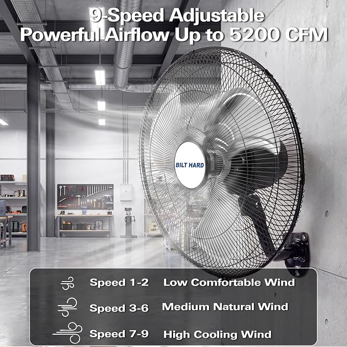 BILT HARD 20" 5200 CFM Wall Mounted Fan with Remote Control, 9-Speed Oscillating Wall Fan with DC Motor, High Velocity Whisper-Quiet Industrial Shop Fan for Garage, Warehouse