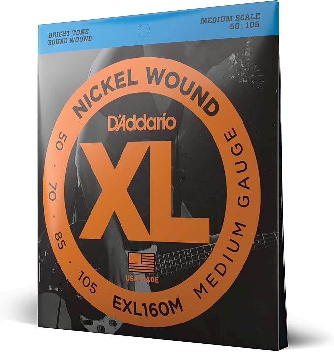 D'Addario Electric Bass Guitar Strings, XL Nickel, EXL160M, Medium Gauge 50-105, Medium Scale, 4-String Set, Pack of 1