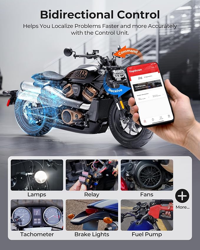 Motorcycle Scanner Bluetooth TOPDON TopScan, Motorcycle Scan Tool Fits for Harley, Ducati, BMW & Japan Brands, All Systems Motorbike Scanner Tool with Reset Functioan, Data Stream, AutoVIN