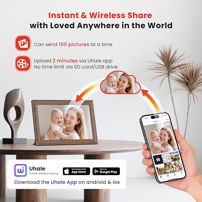 Uhale 10.1 Inch Digital Picture Frame 32GB Momery Wooden WiFi Electronic Photo Frame IPS HD Touch Screen Display Share Photos/Videos Instantly Anywhere Gifts for Mom Dad Grandparents