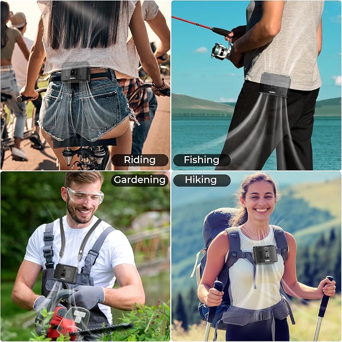 Portable Waist Fan, 20000mAh Rechargeable Personal Belt Fan, 16000RPM Shirt Fan, Dual Motors & Smart Display, 40H Cooling Body Fan for Outdoor Work Camping Travel Warehouse Hot Weather Essentials