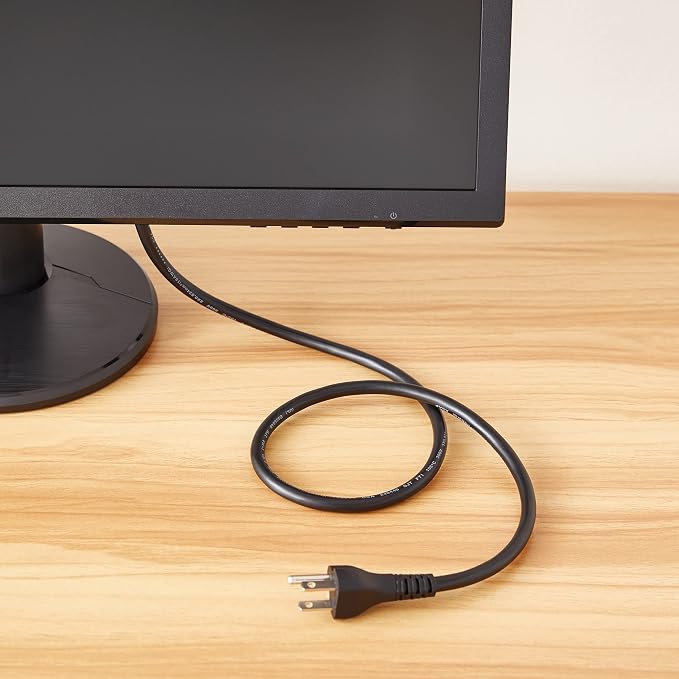 Amazon Basics PC Power Cord, 3 Feet, 3 Prong AC Power Cord for Monitor, Computer, TV, 18 AWG, 125 Volts, Black (Pack of 2)