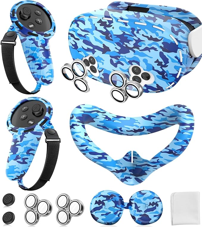 Silicone Cover Set Compatible with Meta/Oculus Quest 3s Accessories, Silicone Face Cover, Controller Grip Cover, Camera Lens Protector, VR Shell Cover, Protective Lens Cover, Not Fit Quest 3