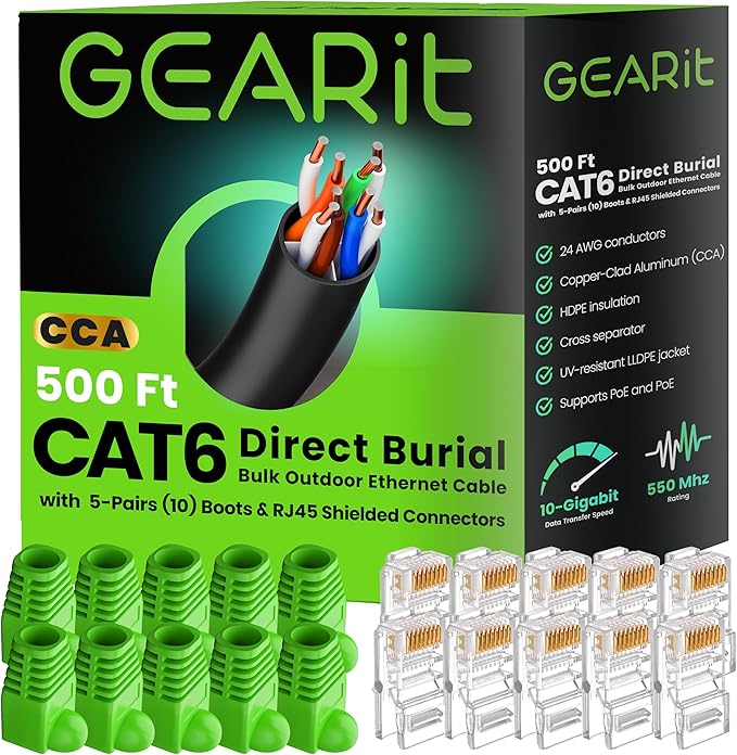 GEARit RJ45 Cat-6 Ethernet Patch Cable, DIY Bulk Kit (10 RJ45 & 10 Boot), 10Gpb Transfer Speed, Gold-Plated Connectors, Copper Clad, Outdoor, UV Resistant, Direct Burial, Waterproof, 500 Foot, Black