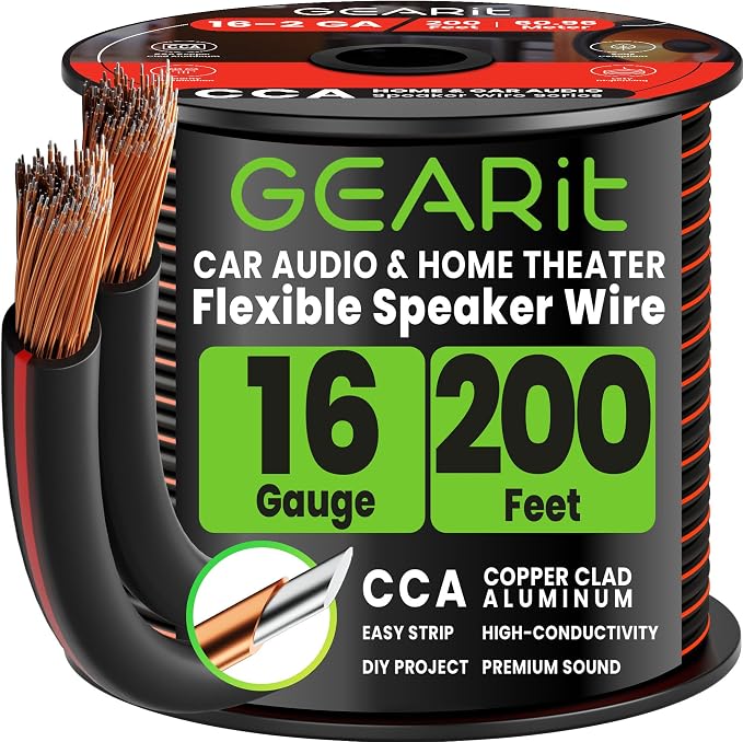 GEARit 16 Gauge Speaker Wire 200 ft,16 Gauge Wire with Foot Markers & Polarity Markings,Flexible Speaker Cable for Car Audio & Home Theater Speakers,Audio Cable for DIY Installations,CCA(Black)