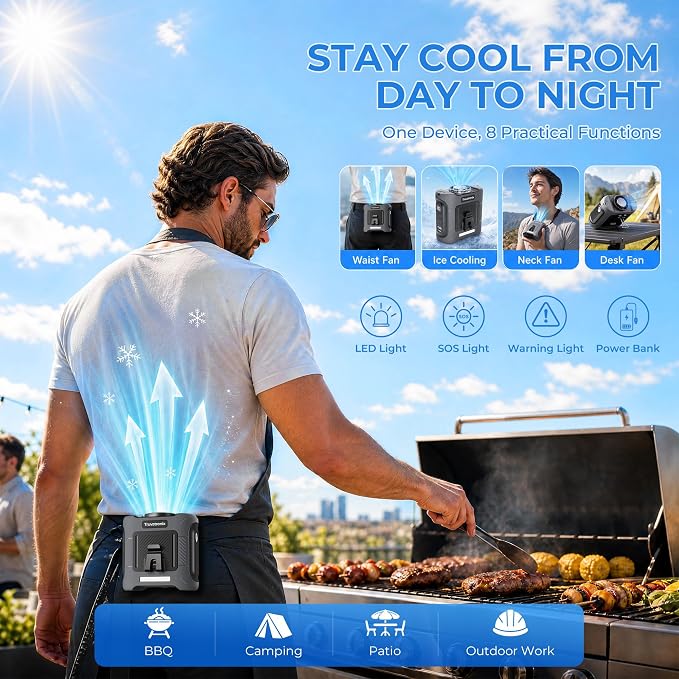 Portable Waist Fan with 56°F Ice Cooling, 8000mAh Rechargeable Belt Clip Fan, 5-Speed 21000RPM Wearable Cooler, LED SOS Warning Light for Jobsite Camping Summer Essential
