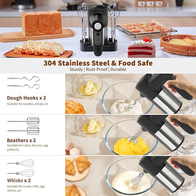 Cordless Electric Hand Mixer, 7 Speed Rechargeable Wireless Handheld Mixer with Eject Button, Long Battery, Quiet Anti-Splash, 6×304 Stainless Steel Attachments & Storage Base for Baking (Black)