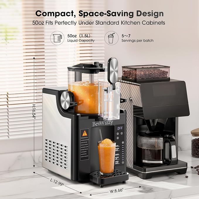 5-in-1 Slushie Machine with No Pre-Freeze Ice Cream Maker Function | 50oz Capacity Serves 5-7, Adjustable Temp, 220W with R290 Refrigerant, Quiet <55dB, Easy to Operate and Clean for Home, Black