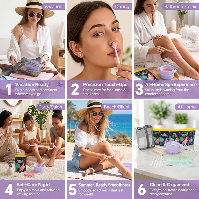 UKF Home Waxing Kit with Hard Wax Beans Complete Hair Removal System with Electric Wax Warmer, Nose & Body Applicators, Pre & Post Care Wipes Gentle Root Level Depilatory for Full Body，Purple