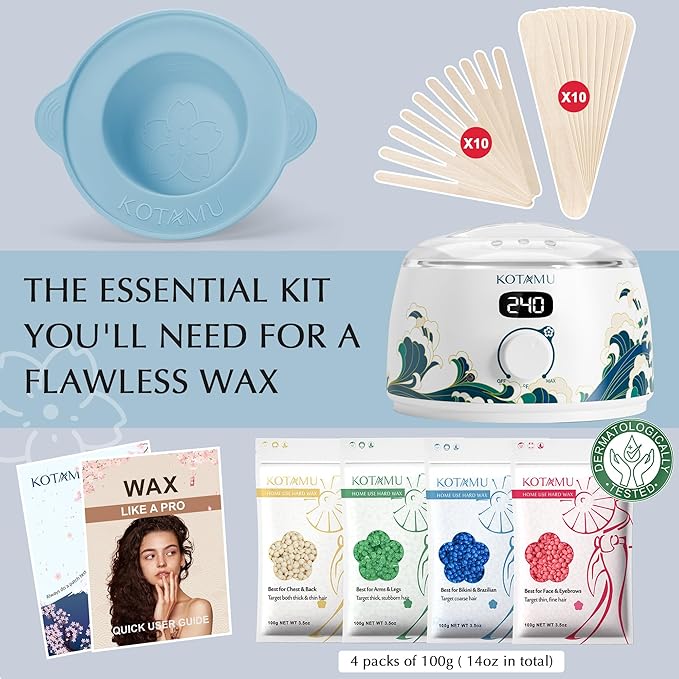 KOTAMU Waxing Kit for Women & Men, Wax Warmer for Hair Removal, Digital Wax Kit with Silicone Pot，Ideal for Face Eyebrow Arm Legs Armpit &Sensitive Skin, Wave Waxing Machine for Home Salon Use