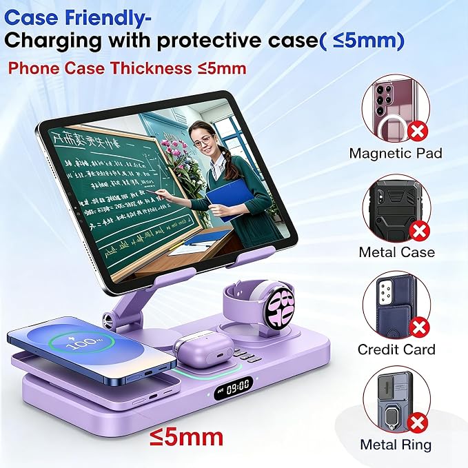 30W Tablet Wireless Charger for Samsung, Foldable Android Charging Station with Clock Display with 7-Color Light, Wireless Watch Charger for S25, Only Compatible Samsung Watch, Galaxy Buds3 Pro(Purple