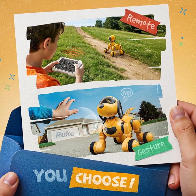 Ruko 18011 Smart Robot Dog Toy for Kids, Interactive Puppy with Remote & Gesture Control, Programmable LED Face Expressions, for Boys & Girls Ages 3 4 5 6 7 8, Yellow