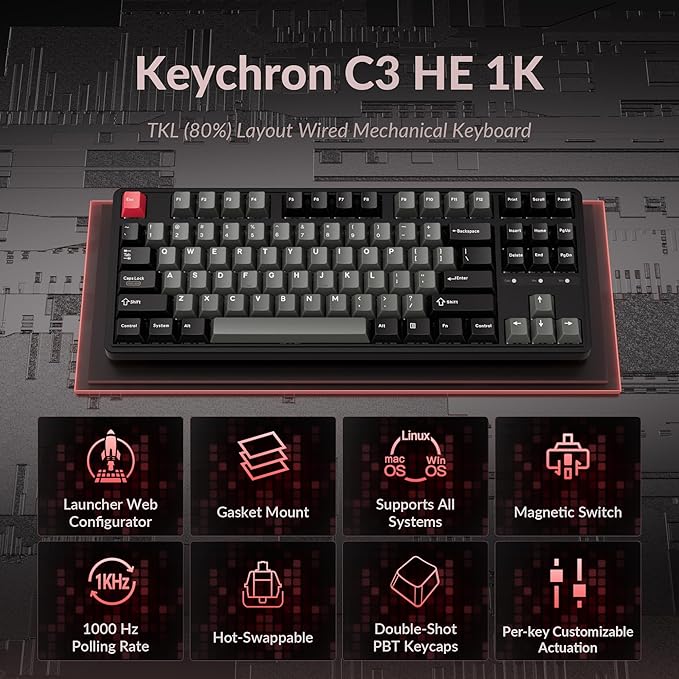 Keychron C3 HE TKL Wired Mechanical Keyboard (80% Layout), Magnetic Switches with Adjustable Actuation, Rapid Trigger, QMK/Launcher Web Programmable, RGB Backlit, PBT Keycaps for Mac/Windows/Linux