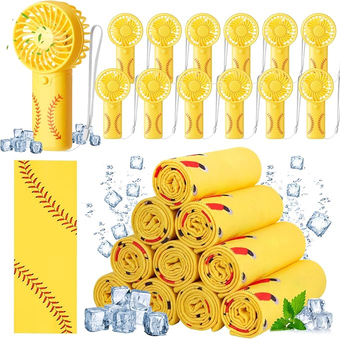 Retisee 24 Pcs Softball Cooling Towel Mini Portable Fan Set 32 x 12 Inch Workout Towels Handheld Battery Powered Fan Sporting Baseball Gifts for Summer Team Gift Travel Camping Makeup Yoga Running