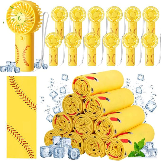 Retisee 24 Pcs Softball Cooling Towel Mini Portable Fan Set 32 x 12 Inch Workout Towels Handheld Battery Powered Fan Sporting Baseball Gifts for Summer Team Gift Travel Camping Makeup Yoga Running