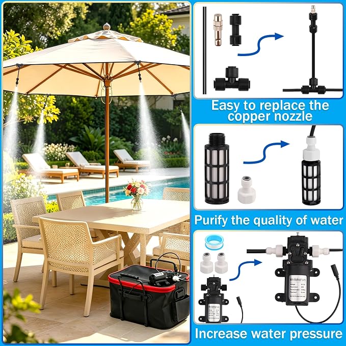Misting System, Portable Misting System with 20FT/6M Hose, 20L Water Bucket, Water Pump, Filter, Nozzles for Outside Patio Cooling, Canopy, Umbrella, Camping