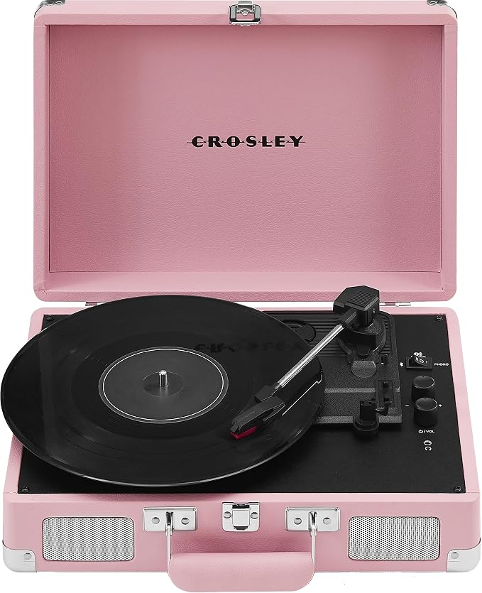 Crosley CR8005E-BH Cruiser Plus Vintage 3-Speed Bluetooth in/Out Suitcase Vinyl Record Player Turntable, Blush