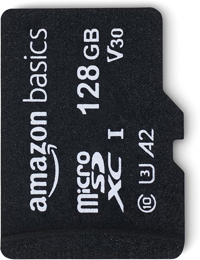Amazon Basics microSDXC Memory Card with Full Size Adapter, A2, U3, Read Speed up to 100 MB/s, 128GB, Black