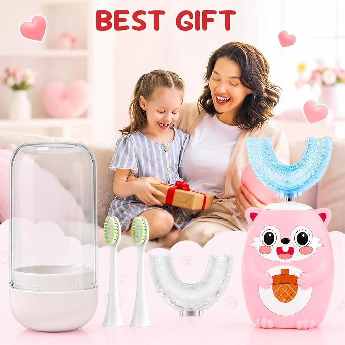 Kids U-Shaped Automatic Electric Toothbrush, Children’s 360° Mouthpiece Design for Full-Mouth Cleaning, 3 Cleaning Modes, Cute Animal Squirrel Style