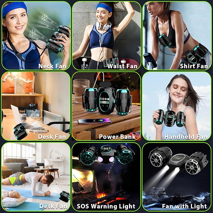 Portable Waist Fan, Shirt Fan with Light, 2025 Upgrade Cool Clip Rechargeable,8000mAh Power Bank,4 Speeds 12000RPM Strong Airflow for Camping Travel Fishing Hiking Cycling (Green Black)