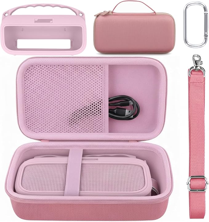 co2CREA Hard and Silicone Case Replacement for Bose New SoundLink Flex 2nd Gen Bluetooth Portable Speaker, with Carabiner and Shoulder Strap (Pink Case)