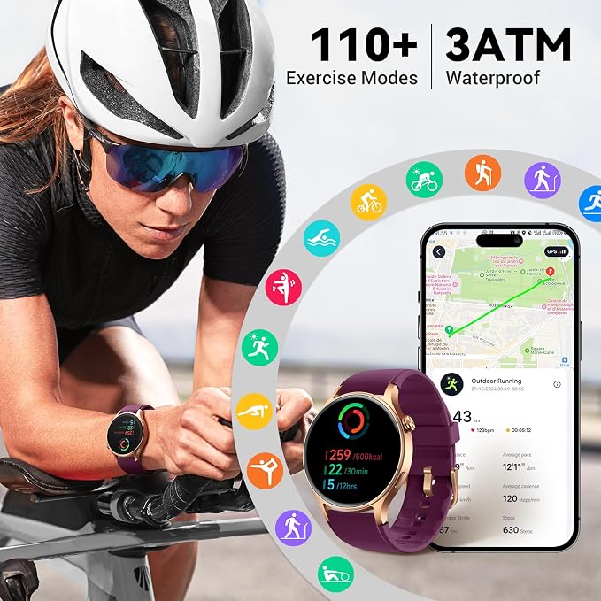 Fitpolo Smart Watch for Women,1.3" AMOLED Touchscreen Fitness Tracker, Make/Answer Calls, Heart Rate SpO2 Monitor,3ATM Waterproof,Sleep Activity Tracking Smartwatch for Android Phones iPhone (Purple)