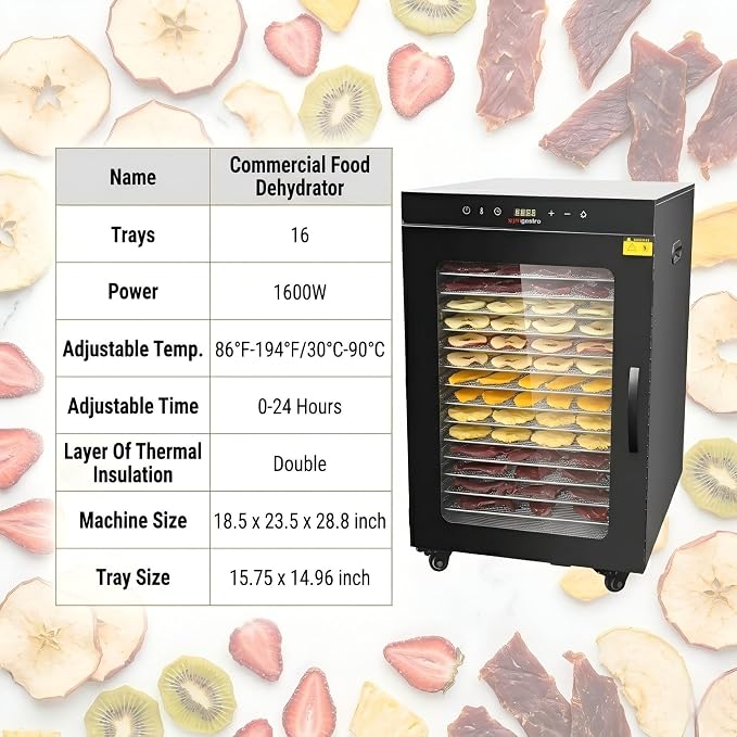 CLIVIA Commercial Food Dehydrator 16 Trays, 1600W Large Capacity 26.18 ft² Industrial Dehydrator with Wheels, Stainless Steel Dryer for Jerky, Meat, Fruit, Herbs, 86-194°F Temp Control & 24H Timer
