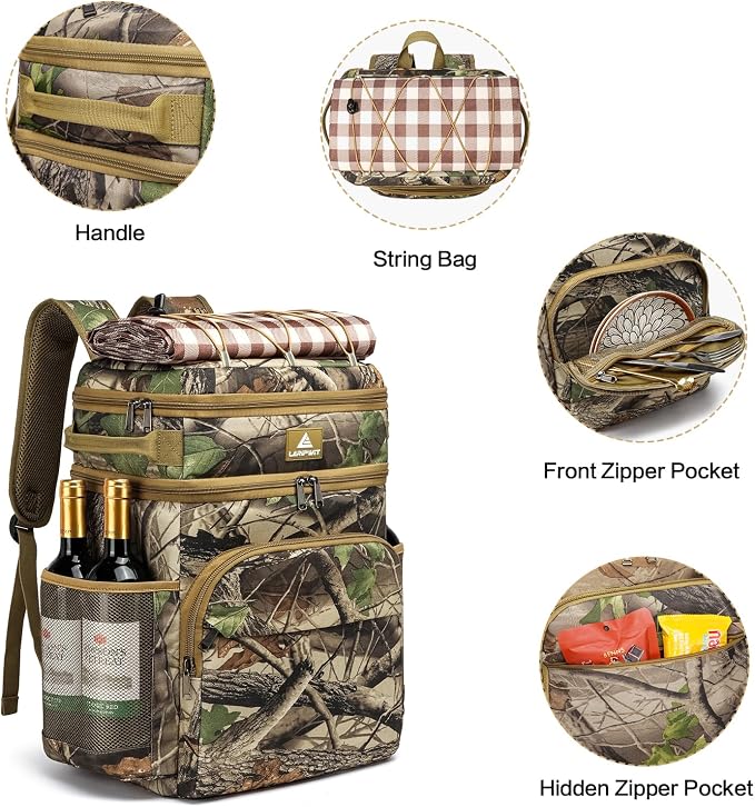 Laripwit Picnic Backpack Cooler - 54 Cans Large Soft Camo Lunch Backpack Bag Insulated Leakproof with Double Deck Compartment