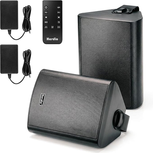 Herdio 4" 200W Outdoor Bluetooth Speakers, IPX5 Waterproof Rating and Able to Wireless Multi-Connection Up to 20 Units for Patio/Porch/Balcony (Black, 2-Pack)