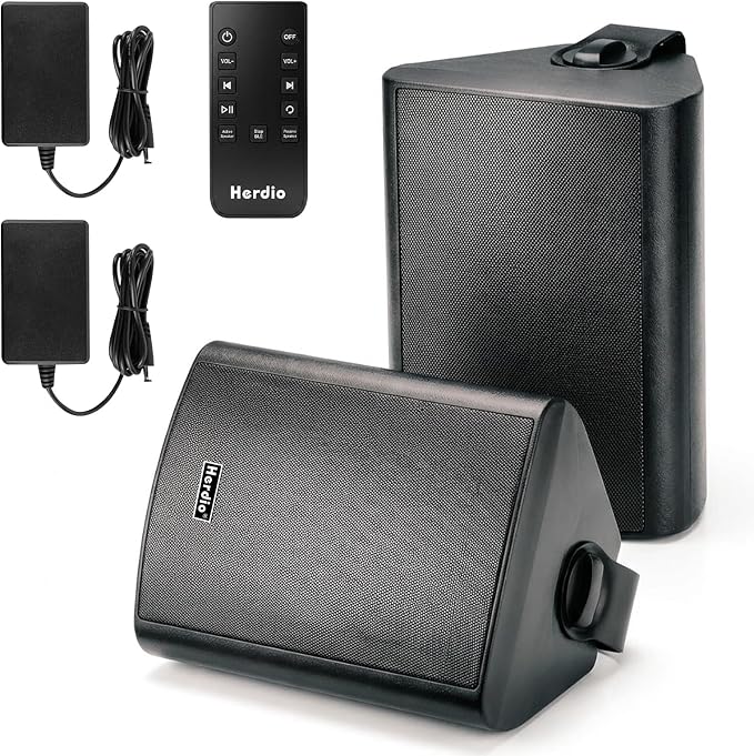 Herdio 5.25" 300W Outdoor Bluetooth Speakers, IPX5 Waterproof Rating and Be Able to Wireless Multi-Connection Up to 20 Units for Patio/Porch/Balcony (Black, 2-Pack)