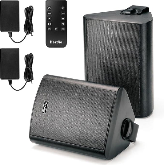 Herdio 5.25" 300W Outdoor Bluetooth Speakers, IPX5 Waterproof Rating and Be Able to Wireless Multi-Connection Up to 20 Units for Patio/Porch/Balcony (Black, 2-Pack)