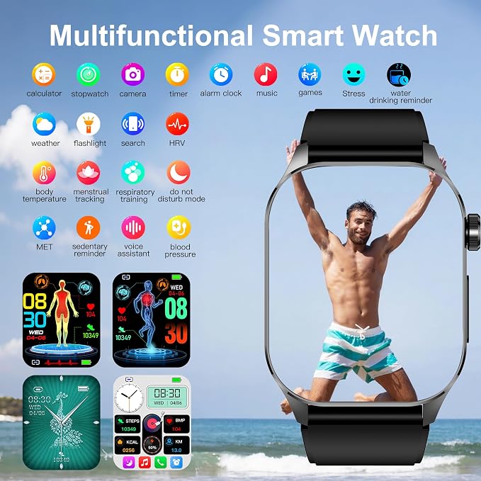 Advanced Health Smartwatch for Women Men with Real-Time Monitoring of Heart Rate, Blood Oxygen, Body Temperature, Blood Pressure, Sleep Auality and Stress Levels (Blue)