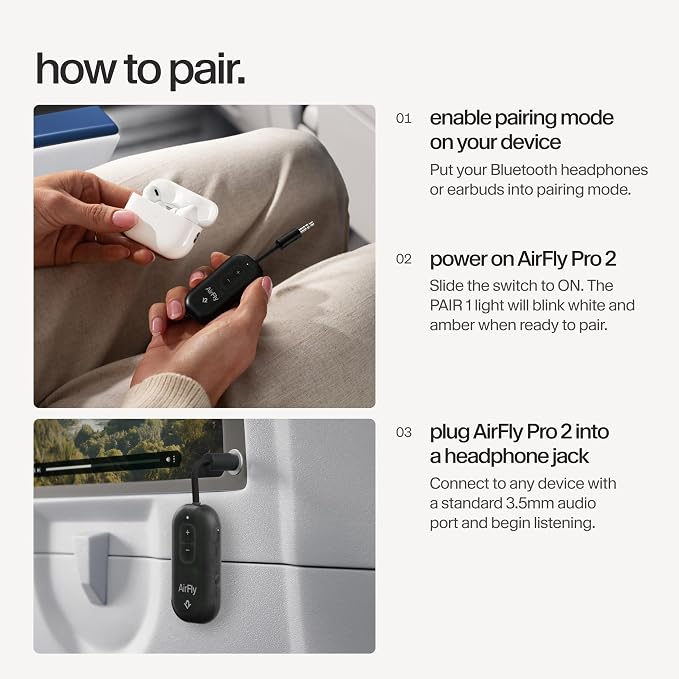 AirFly Pro 2 – Bluetooth Adapter for Airplane, Pair 2 AirPods or Wireless Headphones – 3.5mm AUX Bluetooth Transmitter for Cars, Boats, Treadmills, TVs– Airplane Travel Essentials, Black Ice