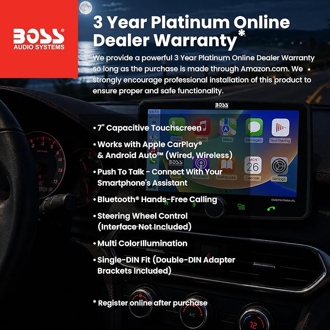 BOSS Audio Systems BVCP9700A-FL Single DIN Car Stereo Wireless Apple CarPlay, Android Auto, 7 Inch Touchscreen, Bluetooth, AM/FM Radio Receiver