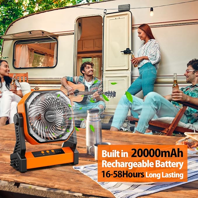20000mAh Battery Powered Camping Fan, 58Hrs Rechargeable Portable Fan, 400LM Light, 360° Hook, Whisper Quiet Battery Operated Fan for Outdoor Car Travel Gear Essentials Power Outages Co-brand AMACOOL