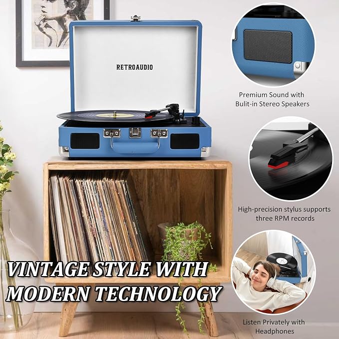 Vinyl Record Player Bluetooth Vintage Portable Suitcase Turntable with Built-in Speakers 3-Speed Belt-Driven Record Player Support RCA Output and Headphone Output