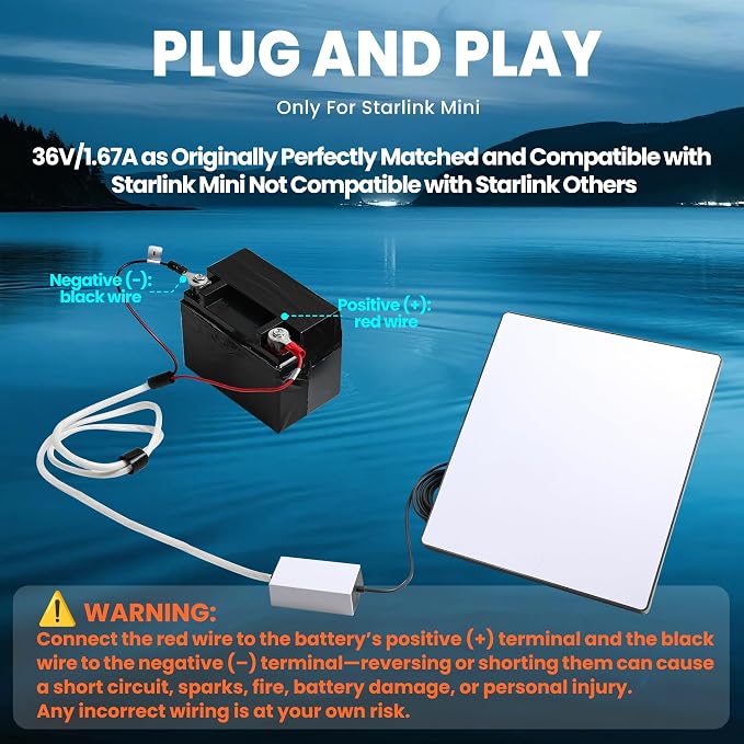 Car Battery Converter Adapter for Starlink Mini, 12-36V Input 36V/1.67A Output, Boost Step Up Converter with High-Temp Wire, DC Power Supply for RV, Boat, Support 200FT Extended Range
