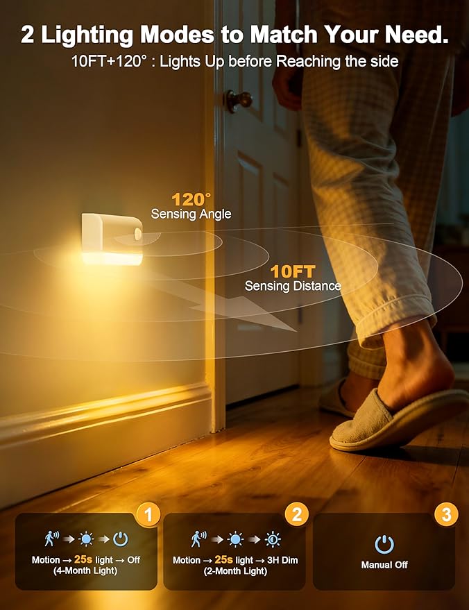 VOLISUN Motion Sensor Night Light, Rechargeable Stair Lights Indoor, Battery Operated Night Light for Hallway, Stairway, Bathroom, Bedroom, Kitchen, 3 Modes & 3 Color Temperatures(3 Pack White)
